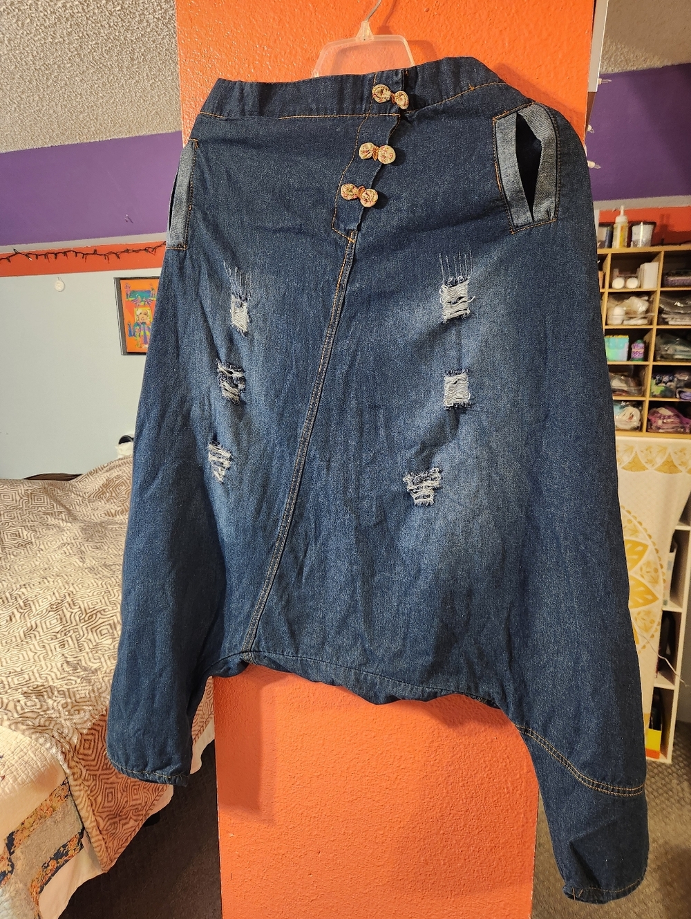 Blue Denim Distressed A-Line Harem Pants
